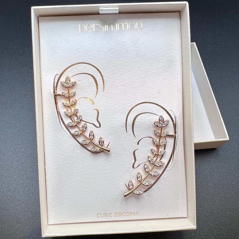 Persimmon Gold Leaf Earrings Cubic Zirconia Vine Crawlers Ear Cuffs NWT